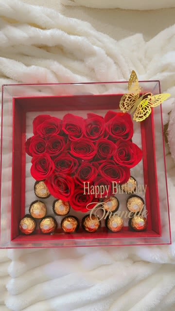 Heart of Roses Gift Box Heart of Roses Gift Box - A luxurious heart-shaped arrangement of red roses paired with Ferrero Rocher chocolates inside a clear acrylic box — personalized and finished with a golden butterfly for an unforgettable birthday or romantic surprise.
