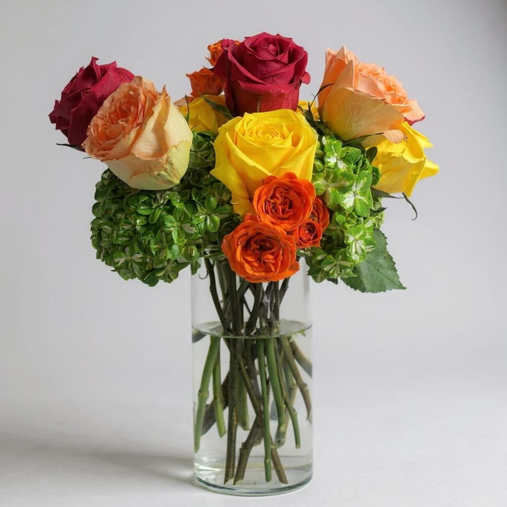 Rose Oasis - Pink, yellow and orange roses come together with big, luscious green hydrangeas for a bright tower of happiness!. This arrangement lights up any space and will improve anybody's day. A perfect gift for all occasions weather big or small!  Vase subject to change 