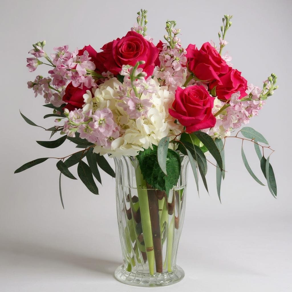 Pink Paradise - Soft, serene, and effortlessly elegant — Pink Paradise is a floral escape designed to enchant. Featuring lush pink roses, fragrant pink stock, airy white hydrangeas, and refreshing eucalyptus, this arrangement blends classic romance with natural charm. Artfully arranged in a stylish vase, it's a perfect choice for celebrating love, sending a thoughtful gesture, or simply elevating any space with a touch of timeless beauty.  Vase subject to change