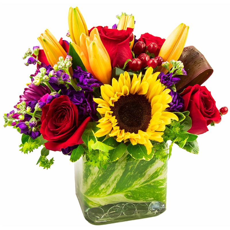Fresh Summer Blooms - This stunning, colorful arrangement appears fresh from a farmers' market! Perfect for a birthday, or any day! Red, purple, and yellow blooms will cheer up that special someone right away! Containing sunflowers, roses, lilies, and more, this lovely arrangement is a sure winner.