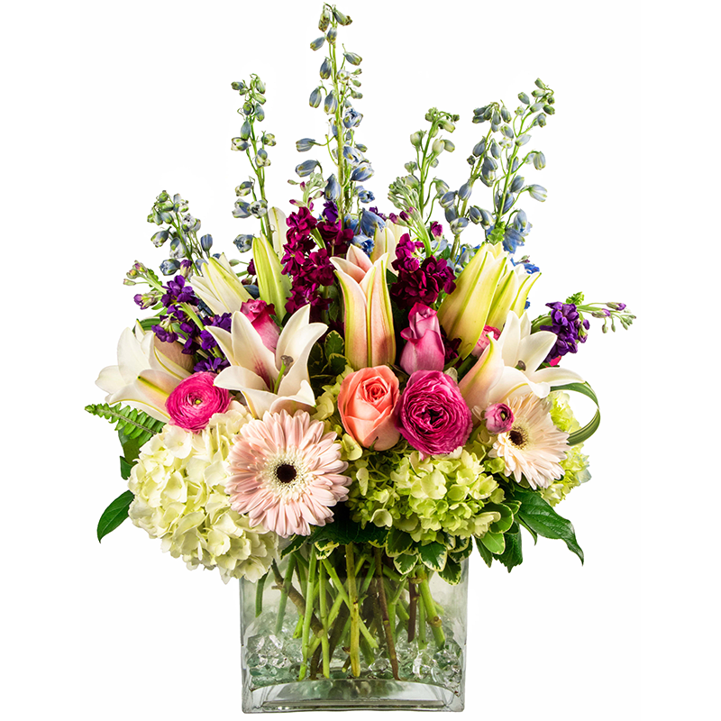 Springtime Fusion - The Springtime Fusion Is handcrafted with White Hydrangeas, Green Hydrangeas, Pink Gerbera Daisies, Pink Lilies, Purple Stock, Hot Pink Stock, Peach Roses, Blue Delphinium and Strawflower.
