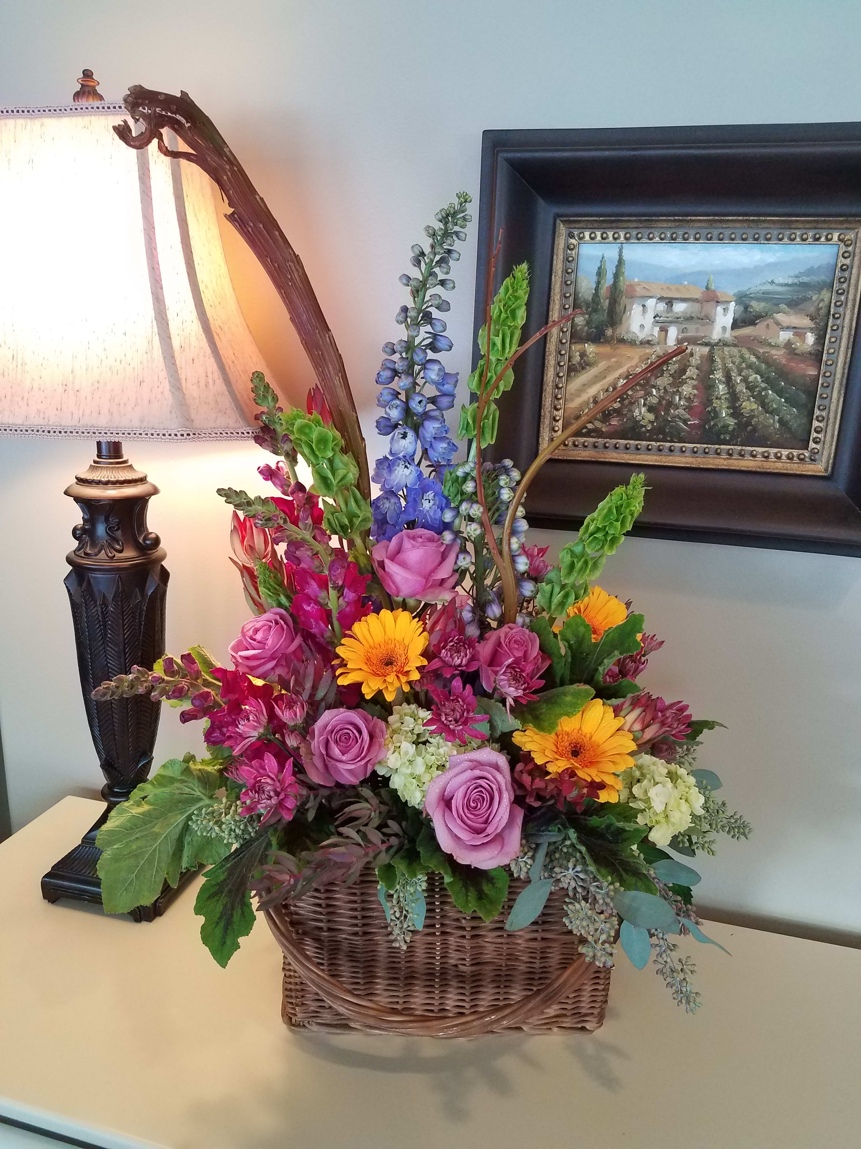 Gorgeous Jewels in a Basket - A beautiful, bold design of gorgeous jewel toned flowers artfully designed in a reusable basket. 