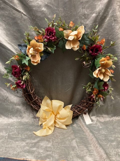 Seasonal Silk Wreath - A one of a kind silk grapevine style wreath in summery/autumn colors, perfect for any front door!
