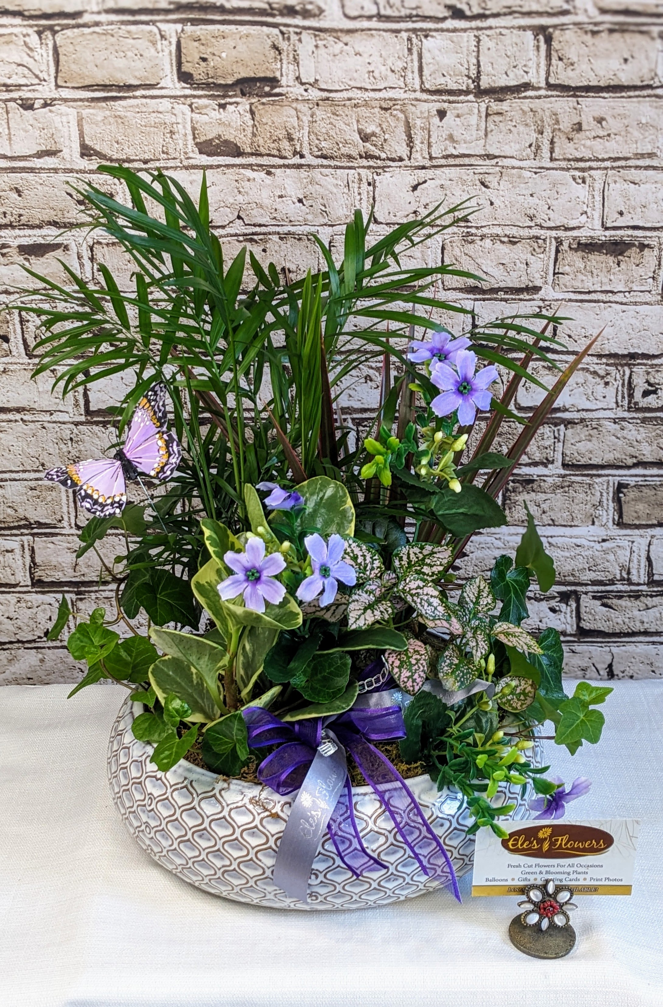Lavender Whisper Dish Garden - A serene blend of lush greenery and soft floral accents, this enchanting dish garden is designed to bring a touch of nature’s calm indoors. Featuring a graceful palm for height and texture, trailing ivy for a cascade of green, and variegated foliage for visual interest, it’s accented with petite lavender blooms for a gentle pop of color. Nestled in a patterned ceramic bowl, the arrangement is adorned with a delicate purple ribbon and a whimsical butterfly, evoking the peaceful charm of a summer meadow. Perfect for adding lasting beauty to any home or office, or as a thoughtful gift for any occasion.  Approximate Dimensions: 16&quot;H x 13&quot;W