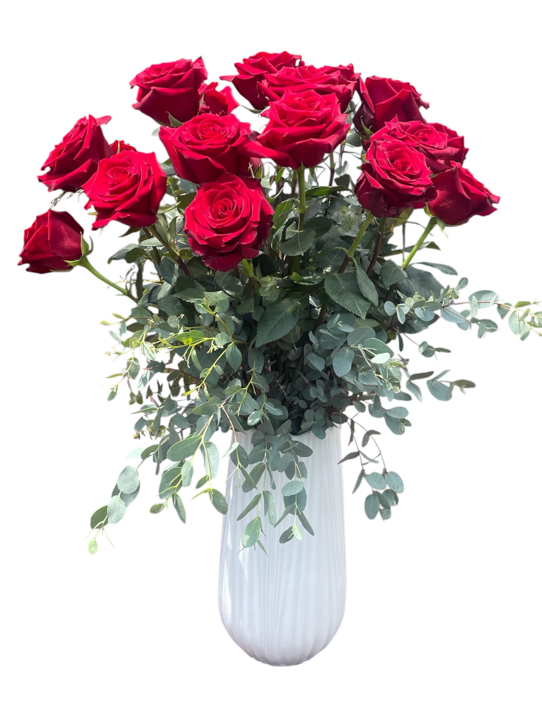 Endless Love Roses - Declare your heartfelt emotions with a breathtaking arrangement of premium, long-stemmed red roses. Each magnificent bloom is perfectly complemented by the soft, silvery-green foliage of fresh eucalyptus, creating a stunning contrast and alluring fragrance. Elegantly presented in a sophisticated white fluted ceramic vase, this classic bouquet is the ultimate expression of love, passion, and admiration, perfect for anniversaries, declarations of love, or any moment that calls for an unforgettable gesture.