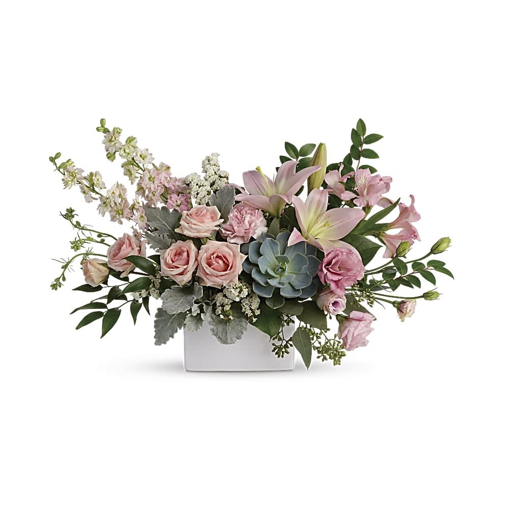 Hello Beautiful Bouquet - Wildly sophisticated, this beautiful bouquet is a thoughtful way to say &quot;hello&quot; to your someone special! Its artisanal mix of soft pink blooms with eye-catching succulents and green looks fresh and modern in a square white vase. This feminine bouquet includes light pink spray roses, light pink asiatic lilies, pink alstroemeria, pink carnations, pink larkspur, white sinuata statice, dusty miller, israeli ruscus, huckleberry, seeded eucalyptus, lemon leaf, and a large green potted echeveria succulent. Delivered in a white square vase.