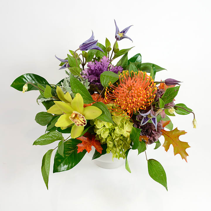 Modern Garden Modern Garden - A modern take on a classic fall arrangement, this is designed in our circular white planter filled with fragrant roses, kale, pincushion protea, orchids and hydrangea.
