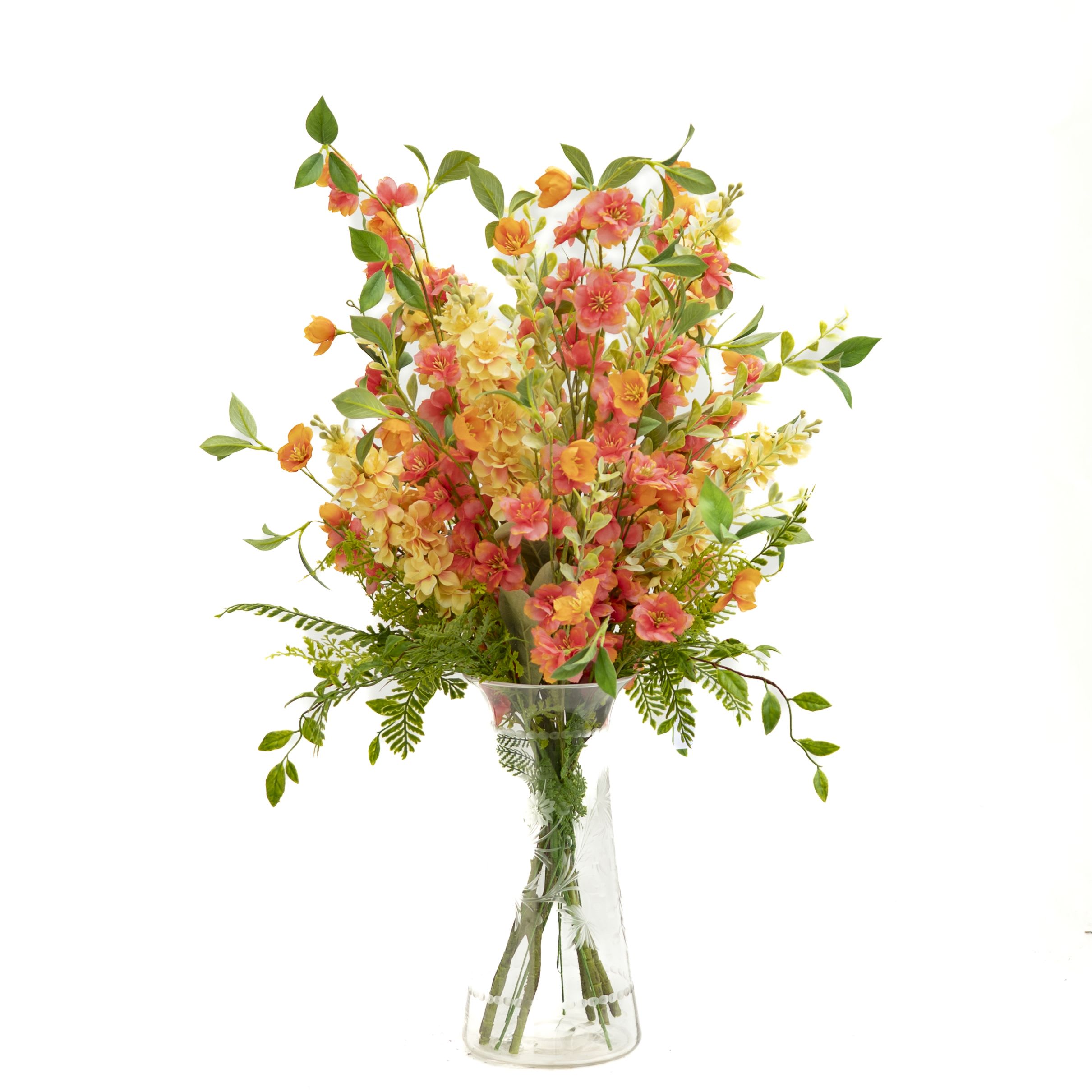 Mango Sunshine (artificial arrangement) - A gorgeous etched crystal vase fill with artificial flowers in coral and yellow. This arranngement is 28&quot; tall and about 18&quot; wide