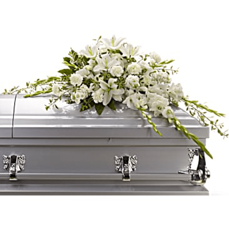 The Bountiful Memories Half Casket Cover The Bountiful Memories Half Casket Cover - Matching luminous all white flowers and delicate garden greenery is an elegantly simple way to lend serenity and quiet strength to the bereaved during a time of great reflection, and pay tribute to the deceased with affection and grace. Flowers such as pure white oriental lilies, gladioli, carnations and stock blend with fragrant greens to create a beautiful crescent-shaped half-casket spray.