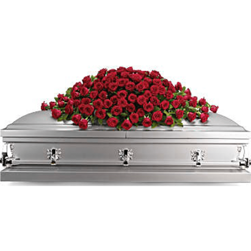 The Greatest Love Full Casket Cover - Express your love and devotion with the traditional elegance of this stunning red rose casket spray. Ideal for a full couch or closed casket service, the impressive display features a generous array of bold, beautiful blooms. Red roses are arranged with rich green salal into a classic casket spray. Orientation: One-Sided