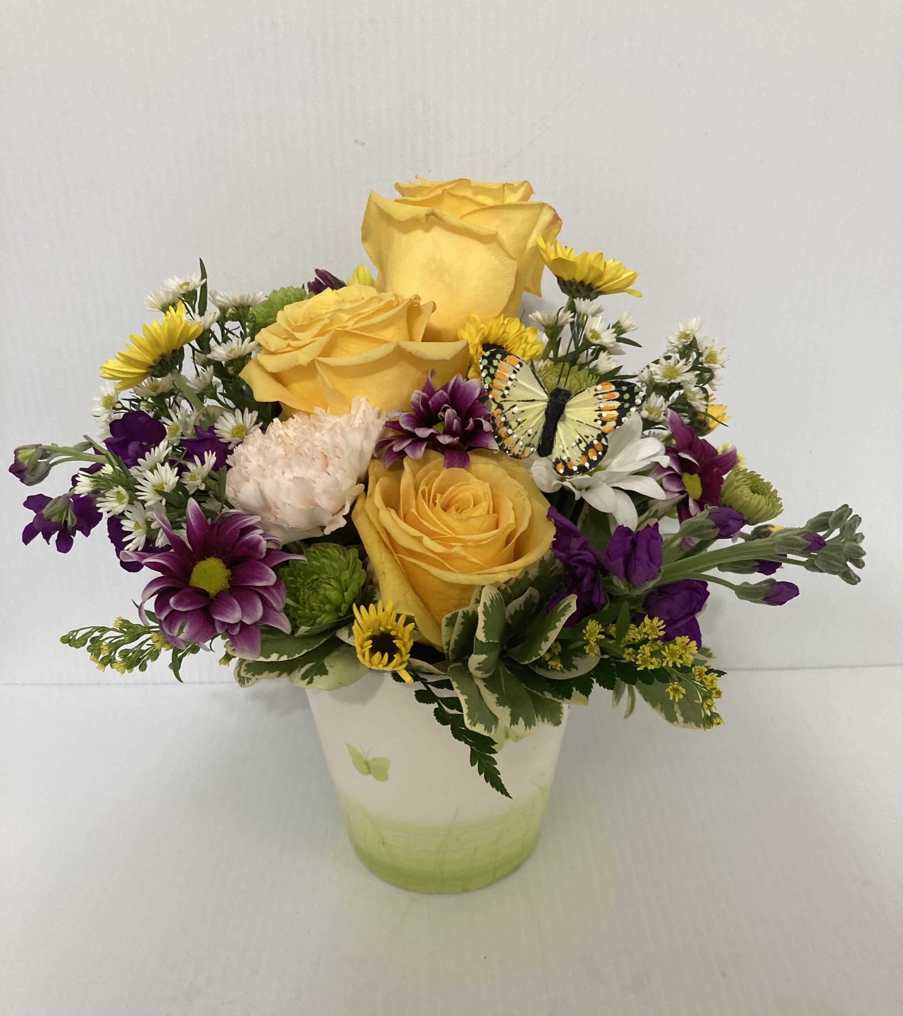 Yellow Butterfly Kisses - 5&quot; Yellow ceramic butterfly pot with color flower arrangement If yellow is not available we will substitute pink or green