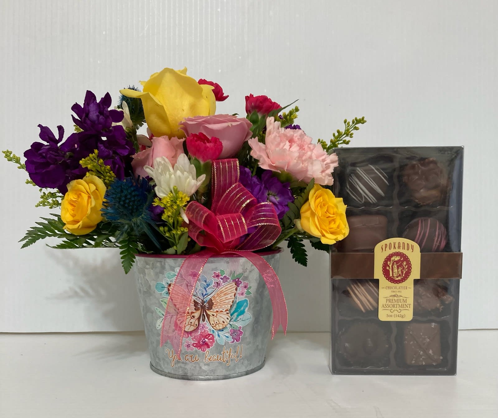You Are Beautiful - Small decorative pot with roses, spray roses, daisy, carnations and greens with 8 piece delicious premium chocolates