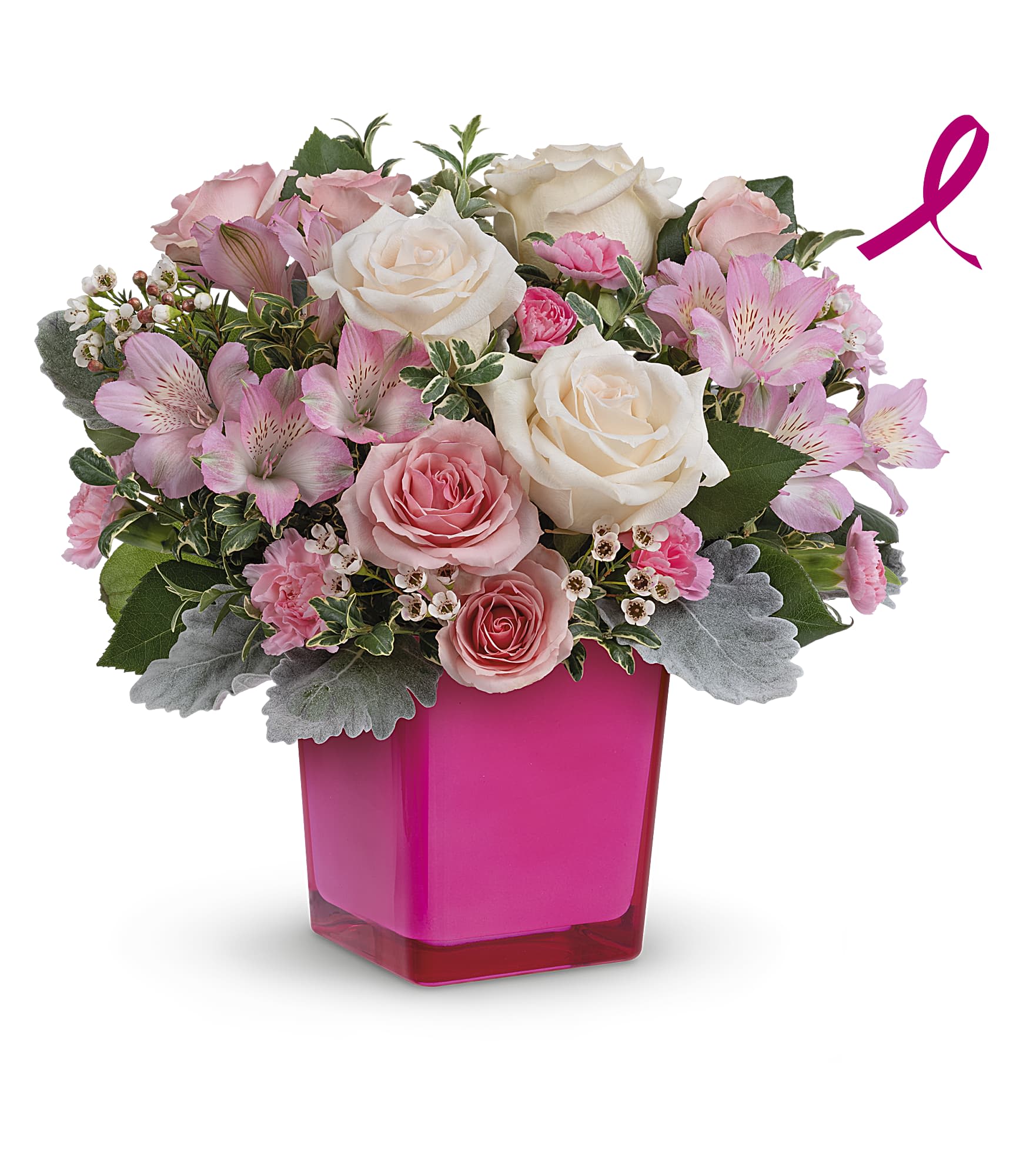 Teleflora's Be The Moment Bouquet - Make any moment magical with this breathtaking bevy of roses, presented to perfection in a hot pink glass cube that lives on as a cute candleholder. Send this featured bouquet and Teleflora will donate 15% of the purchase price to support the vital work of the Breast Cancer Research Foundation®. Crème roses, pink spray roses, pink alstroemeria and miniature pink carnations are arranged with white waxflower, dusty miller and oregonia. Delivered in Teleflora's Color Splash Cube.