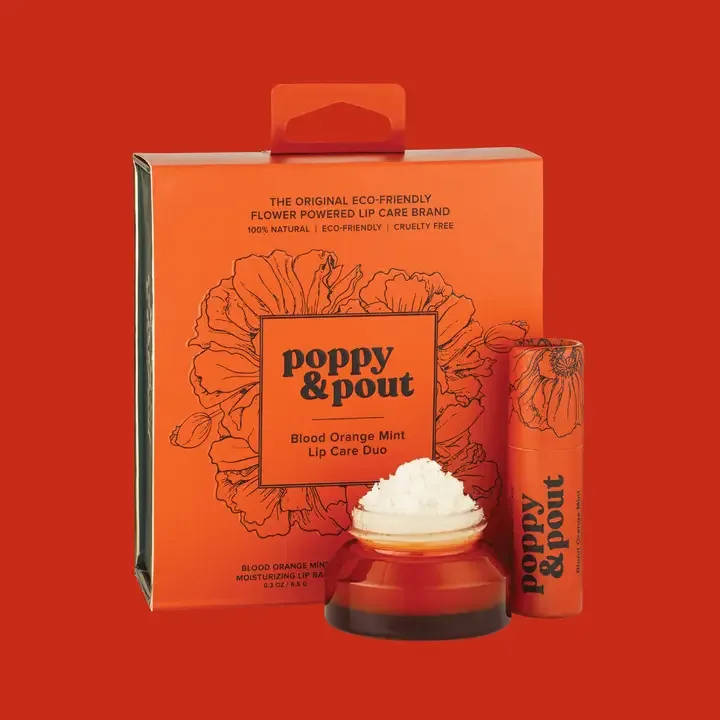Poppy &amp; Pout - Lip Care Duo, Blood Orange Mint - About this product  Step up your lip care routine with our Lip Care Duo! This gift set includes one matching lip balm and lip scrub in our signature (newly updated!) green and gold, recyclable gift box.   These gift sets are sold in case packs of 5.  Sustainable Gifting Your customers will love this already giftable item! We've condensed the packaging overall for a smaller, more sustainable footprint. This also optimizes that precious retail space you always seem to need more of! (Or less expensive shipping costs, if you're an online store!)  Retail Ready Our new lip care duo packaging is retail ready with an outer sleeve and hang tag as well as images and descriptions as to what's inside. Customers can easily see exactly what their buying, and the incredible value it has!