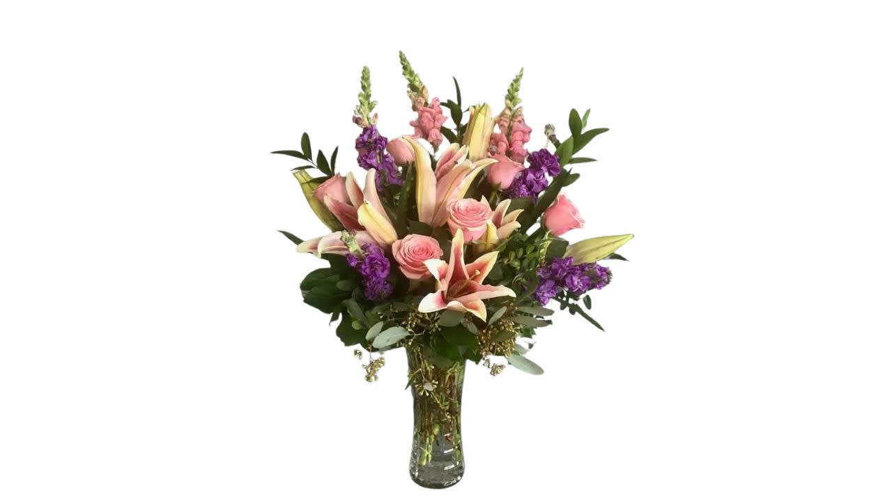 Pink and Purple Harmony - A tall mixed bouquet filled with the best picks from this season mixed with roses and stargazer lilies.   Picture shows our deluxe size.