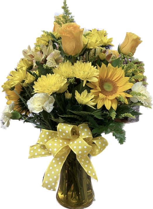 Hello Sunshine! Hello Sunshine! - This beautiful arrangement contains locally grown sunflowers, and a nice assortment of high quality flowers including yellow roses, cushion pompoms, alstromeria, carnations, and filler.