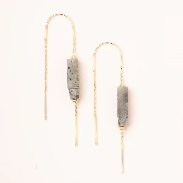 Threader Earring w/ Rectangle Stone - Labradorite/Gold - Our new line of minimalistic charm to adorn your ears. Lightweight with the perfect amount of color and shape. Choose from silver or gold for an alluring, sleek and modern look. Whether you want to look polished or down-to-earth is up to you and your mood. - Materials: 2.25'' drop. Semi precious rectangle stones 1/2'' and 3/16''. 14K Gold dipped chain and wire. - Nickel and Cadmium free. - Hypoallergenic - Earrings come on embossed leather card with stone meaning on back. Labradorite : Stone of magic ET006