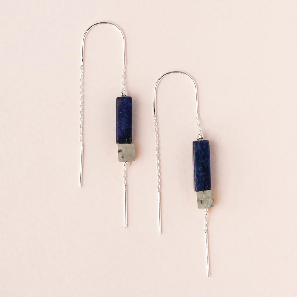 Threader Earring w/ Rectangle Stone - Lapis/Black/Silver - Our new line of minimalistic charm to adorn your ears. Lightweight with the perfect amount of color and shape. Whether you want to look polished or down-to-earth is up to you and your mood.- Materials: 2.25'' drop. Semi precious rectangle stones 1/2'' and 3/16''. Sterling Silver dipped chain and wire. Nickel and Cadmium free.- Earrings come on embossed leather card with stone meaning on back. Lapis: Stone of Truth ET008   Approximately 6&quot;W x 13&quot;H