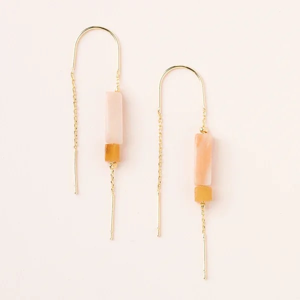 Threader Earring w/ Rectangle Stone - Rose Quartz/Amber/Gold - Our new line of minimalistic charm to adorn your ears. Lightweight with the perfect amount of color and shape. Choose from silver or gold for an alluring, sleek and modern look. Whether you want to look polished or down-to-earth is up to you and your mood.- Materials: 2.25'' drop. Semi precious rectangle stones 1/2'' and 3/16''. 14K Gold dipped chain and wire. - Nickel and Cadmium free. - Hypoallergenic- Earrings come on embossed leather card with stone meaning on back. Rose Quartz: Stone of the heart ET002 Approximately 1&quot;W x 2&quot;H