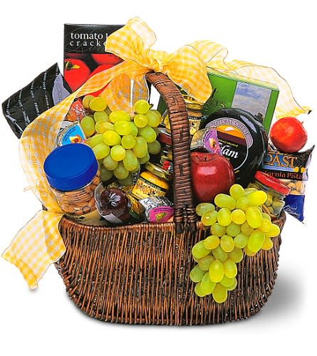 Gourmet Picnic Basket - Send this basket filled with delicious fruits and foods, and someone special will enjoy a memorable picnic day. Makes a great corporate gift, too.   Fresh fruits, cheeses, nuts, sausage, olives and crackers arrive in a bow-tied wicker basket. Approximately 16&quot; W x 16&quot; H 