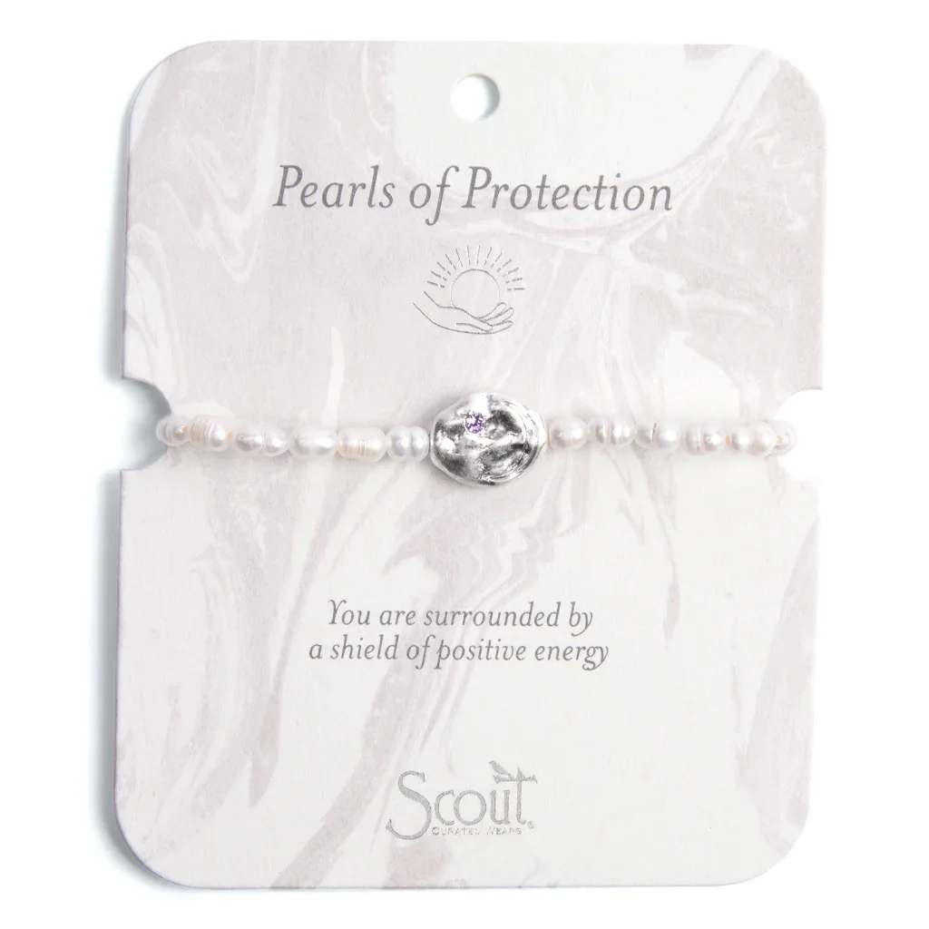 Bracelet - Pearls of Protection (Silver) - Pearl Affirmation Bracelet - Protection/Silver PA006Elevate your spirit with tokens of affirmation! Engravings and inset crystals represent an affirmation to channel Protection.Natural rice pearls are intertwined with organically shaped medallions on each bracelet.Materials: Freshwater rice and baroque pearls, faceted crystal, and Sterling Silver plated brass. Circumference of bracelet is approx. 7 inches. Diameter is approx 2.25 inches. Beads are on stretch cord so the bracelet can fit a variety of wrist sizes. Hypoallergenic Comes on a card with imprinted affirmations. Approximately 10&quot;W x 8&quot;H