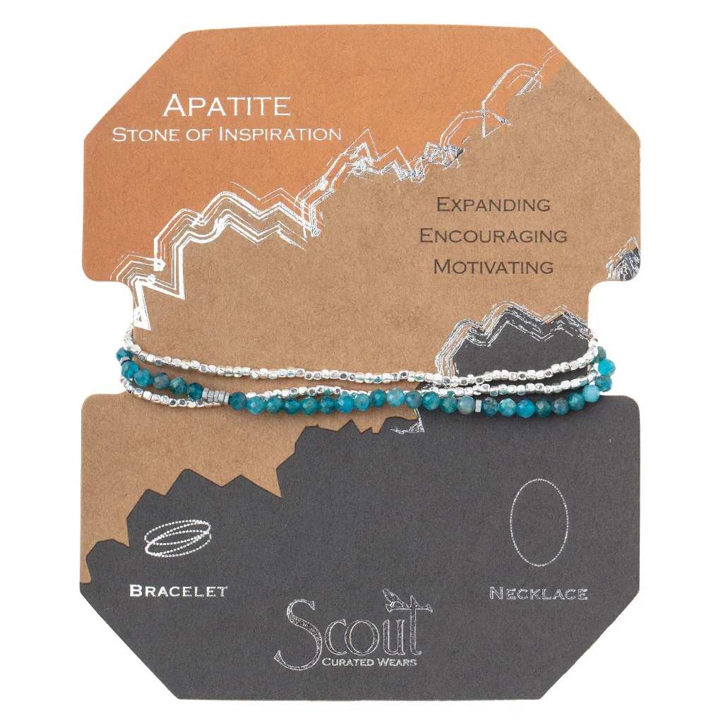 Bracelet/Necklace Delicate Wrap - Apatite/Silver (Inspiration) - Faceted gemstones mix with tiny geometric metal beads to create a subtle and magical piece. Wraps as a bracelet 3 times or wear as a single strand necklace.- Materials: 3mm Semi precious gemstone beads, plated brass, stretch cord - Presented on cards that tell the meaning and properties of each stone. Apatite: Stone of Inspiration. Expanding, Encouraging, Motivating. SD022