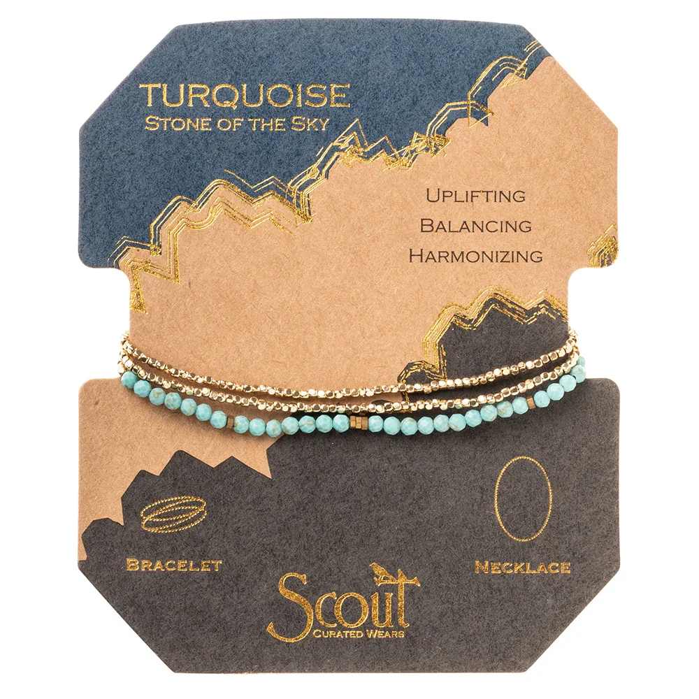Bracelet/Necklace Delicate Wrap - Turquoise/Silver (Sky) - Bracelet becomes a necklace &amp; Ta-Da! Faceted gemstones mix with tiny geometric metal beads to create a subtle and magical piece. Wraps as a bracelet 3 times or wear as a single strand necklace.- Materials: Semi precious gemstone beads, plated brass, stretch cord- Presented on cards that tell the meaning and properties of each stone.Turquoise: Stone of the sky. Uplifting, balancing, harmonizing. SD001