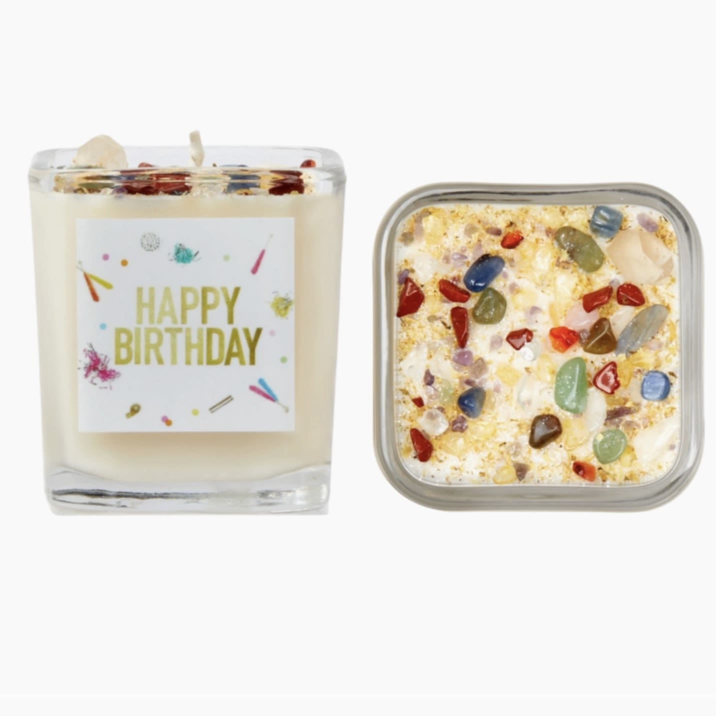 Happy Birthday Candle (ADD-ON ONLY) Happy Birthday Candle (ADD-ON ONLY) - *THIS PRODUCT IS ONLY AVAILABLE AS AN ADD-ON TO ANOTHER PRODUCT. We cannot deliver this product on its own.* 100% Eco-soy wax candle that is handmade and hand poured with a combination of Natural & Essential oils, lead-free cotton & paper wicks, natural crystals, dried flowers & herbs. Scent: Vanilla & Orange Cake Crystals: Kyanite, Citrine, Green Aventurine, Carnelian, Amethyst, Rose Quartz, Clear Quartz, Red Jasper to promote balance, joy, and abundance.