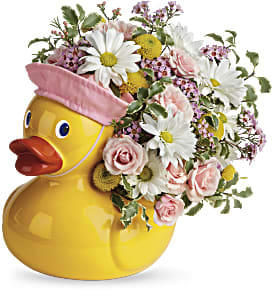 Just Ducky - Baby Girl Just Ducky - Baby Girl - Hand Painted Ceramic Duck container wears a pink or white sailor hat with an arrangement of fresh flowers to welcome a new baby girl or for anyone who loves duckys