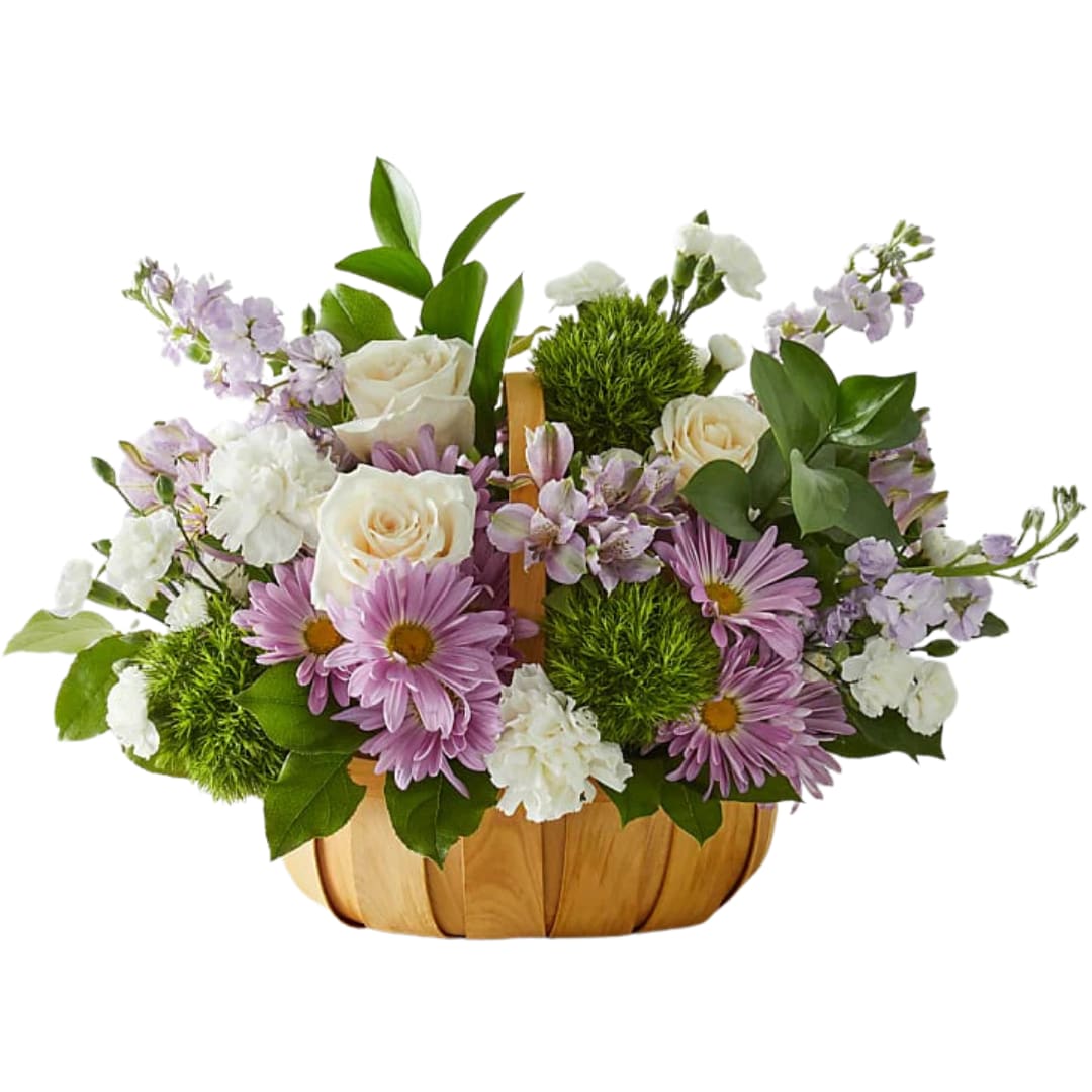 Reflections Basket - Soft, serene, and full of grace, the Reflections Basket is a gentle expression of care, comfort, and beauty. Designed in a natural wicker basket, this soothing arrangement features a delicate blend of stock, daisies, roses, and alstroemeria. The calming hues of lavender and white make it a thoughtful gesture for sympathy, a comforting &quot;get well soon,&quot; or simply to brighten someone's day.  Whether you're offering support or sharing a moment of peace, the Reflections Basket speaks from the heart.