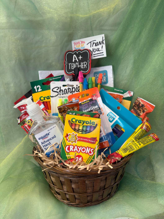 Teacher Appreciation Basket   - This is the perfect gift to set the school year off on the right note! Filled with all of the essentials that a teacher might need, from hand sanitizer to snacks! Let your new teacher know you care with the best gift they can receive. 