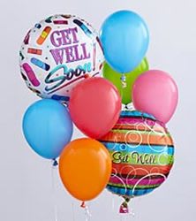 Get Well Balloon Bouquet Get Well Balloon Bouquet - Four mylar balloons and six latex balloons attached to a weight.