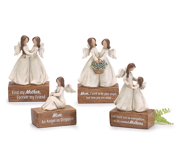 ANGELS WITH MOTHER MESSAGE FIGURINES - LOCAL PICKUP AND DELIVERY ONLY ANGELS WITH MOTHER MESSAGE FIGURINES - LOCAL PICKUP AND DELIVERY ONLY - Angel figurines with mother messages on blocks. 2 angels hugging message: First my mother, forever my friend. 2 angels with baskets message: Mom, I used to be your angel, but now you are mine. Single angel: Mom an angel in disguise. Mom/child angel message: God could not be everywhere, so he created Mothers. Made of hand-painted sculpted resin.