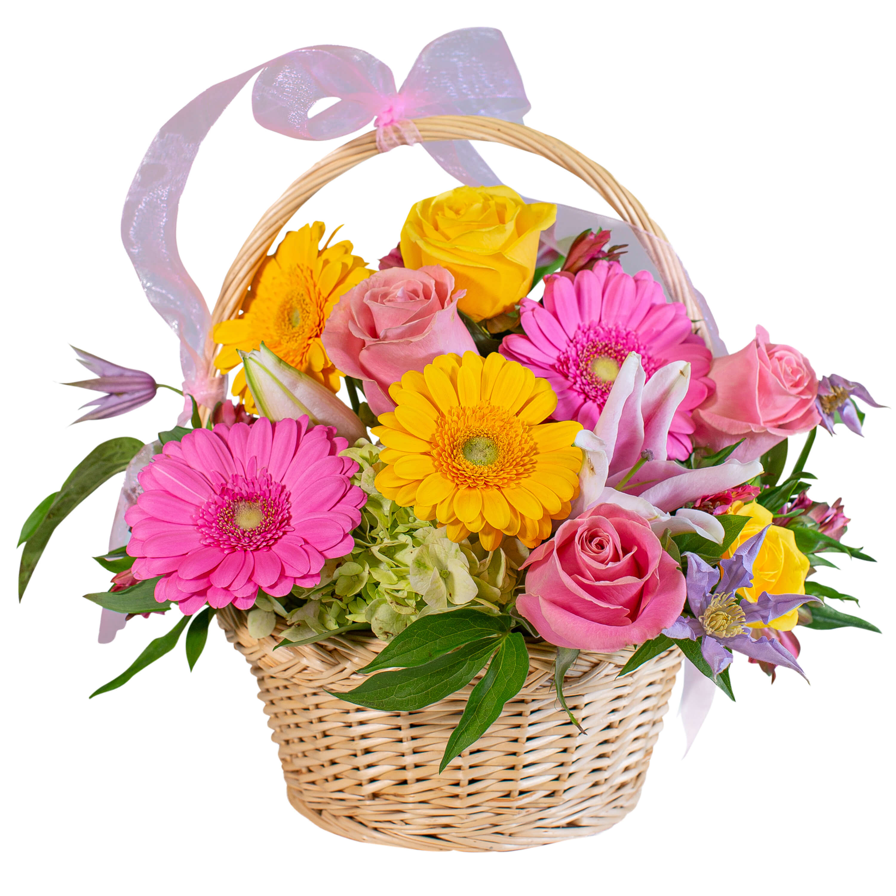 May Flowers - TMF-1509 - The colors of spring are in full bloom. May Flowers is a basketful of love. Roses and Gerbera Daisies fill this basket with color and love.	Approximately 15&quot;W X 14&quot;H