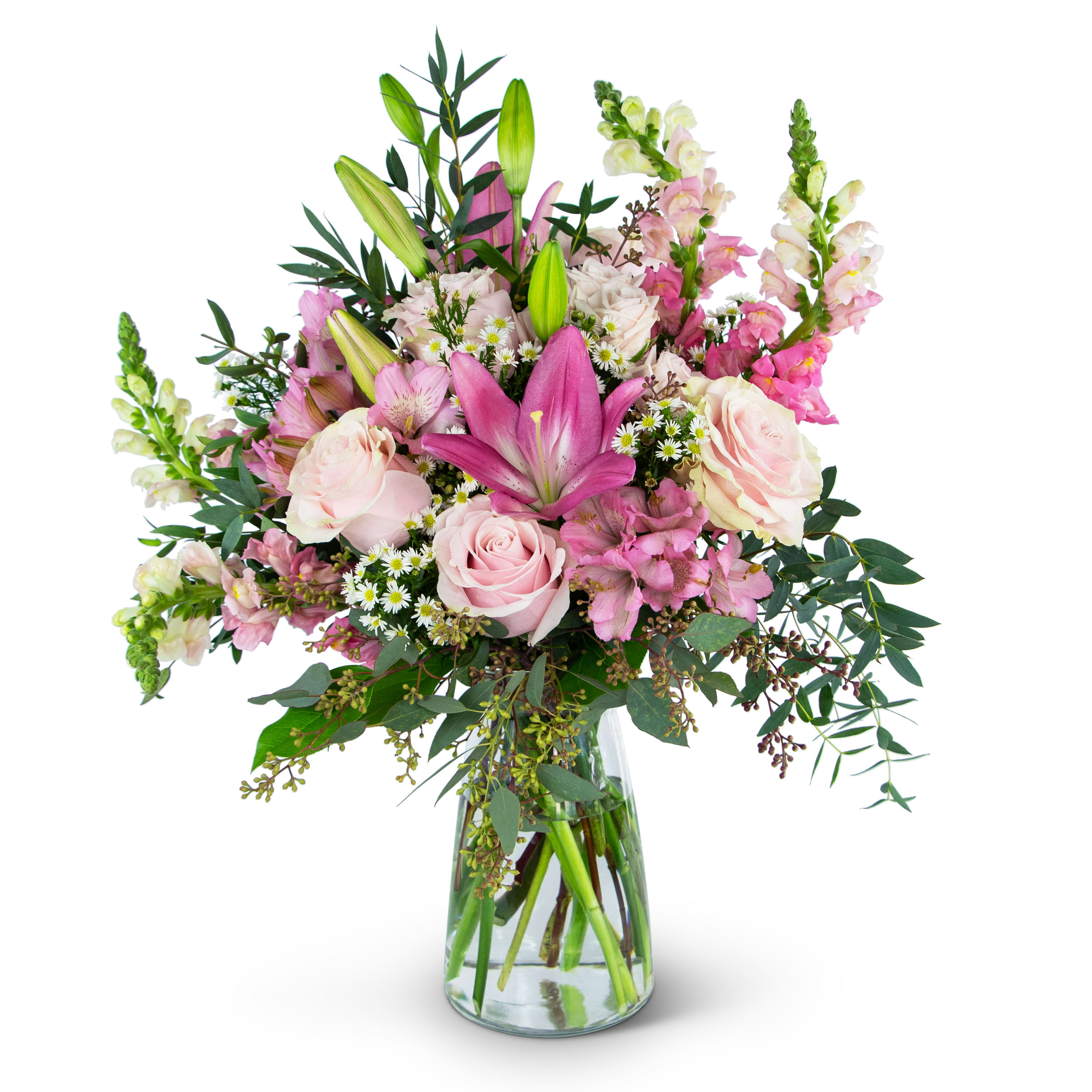 Peaceful Pink Meadow - TMF-960 - Nature's beauty simply has a way of bringing harmony into the world. Study the soft petals of a rose, how they layer softly one on top of another or the gradual way a lily opens into its full glory. The Peaceful Pink Meadow arrangement features Roses, Asiatic Lilies, Snapdragons and Alstroemeria and is a great way to express tranquility. Approximately 16&quot;W x 20&quot;H