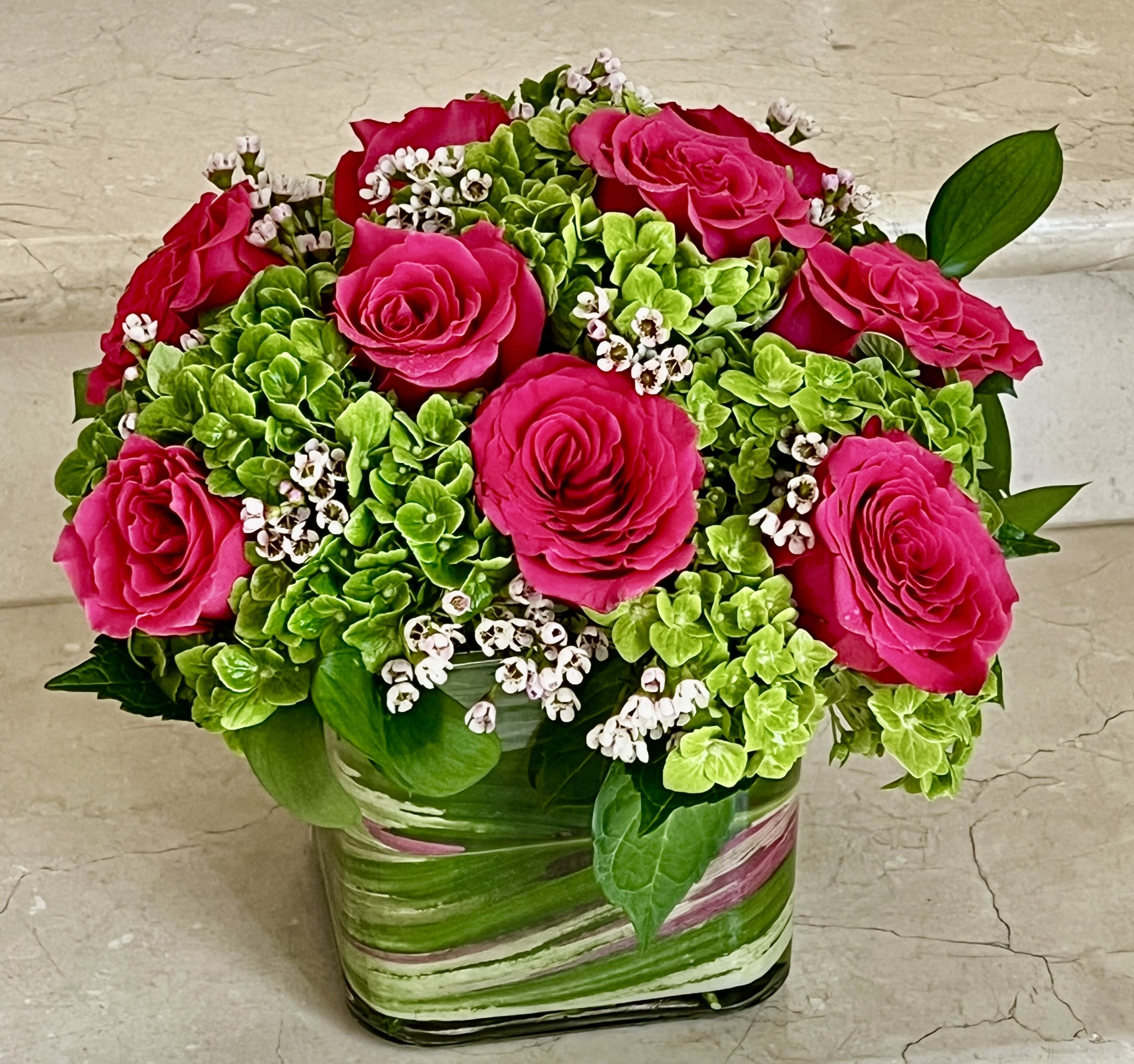 Elegant Roses &amp; Hydrangeas - Hot Pink Roses with Green Hydrangeas arranged in a 6 X 6 square glass vase