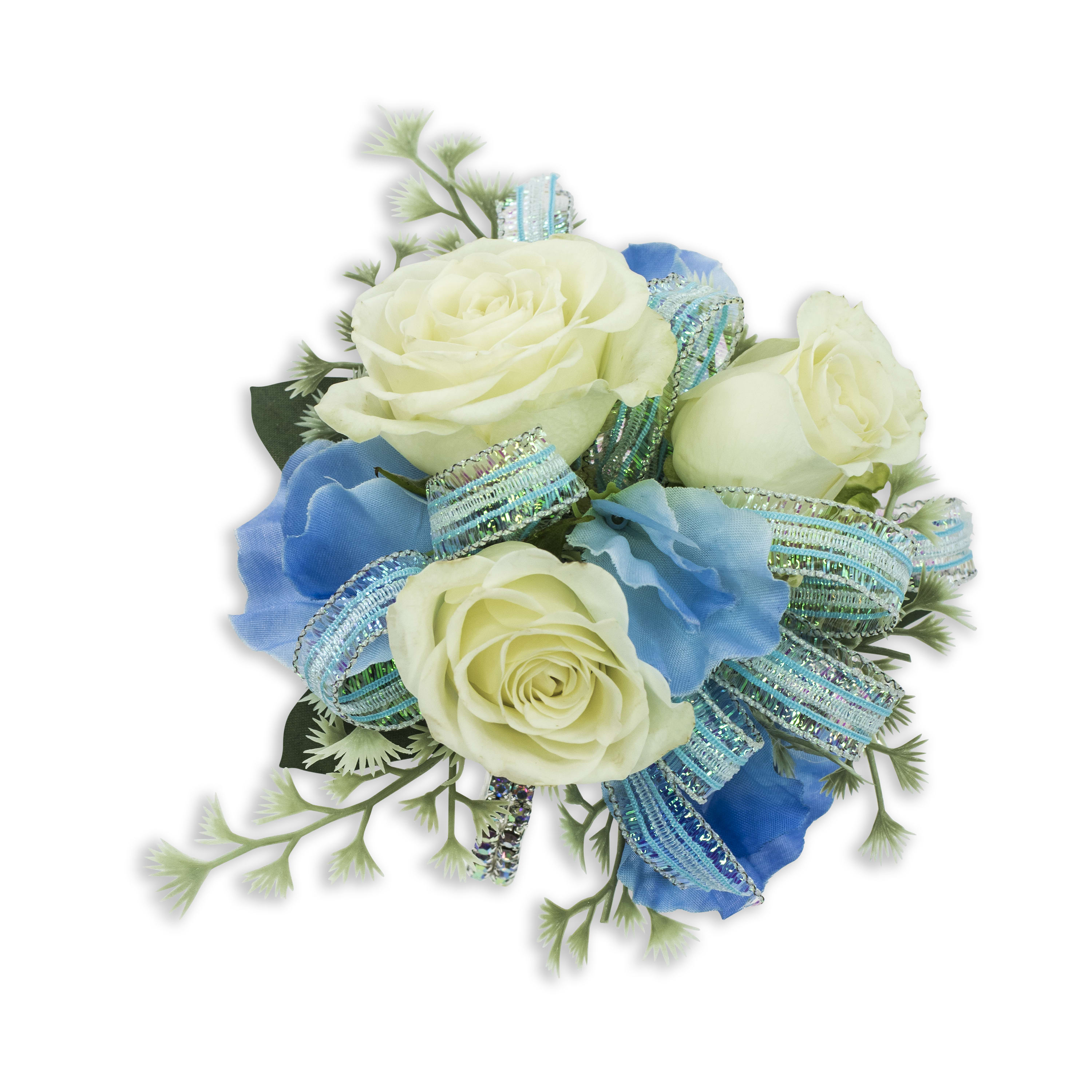 Caribbean Wrist Corsage - TMF-428 - A beautiful wrist corsage of white roses, accented with Caribbean blue ribbon and touches of elegance.