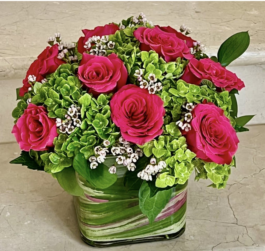 Elegant Roses with Hydrangeas - Hot Pink Roses with Green Hydrangeas arranged in a 6 X 6 square glass vase