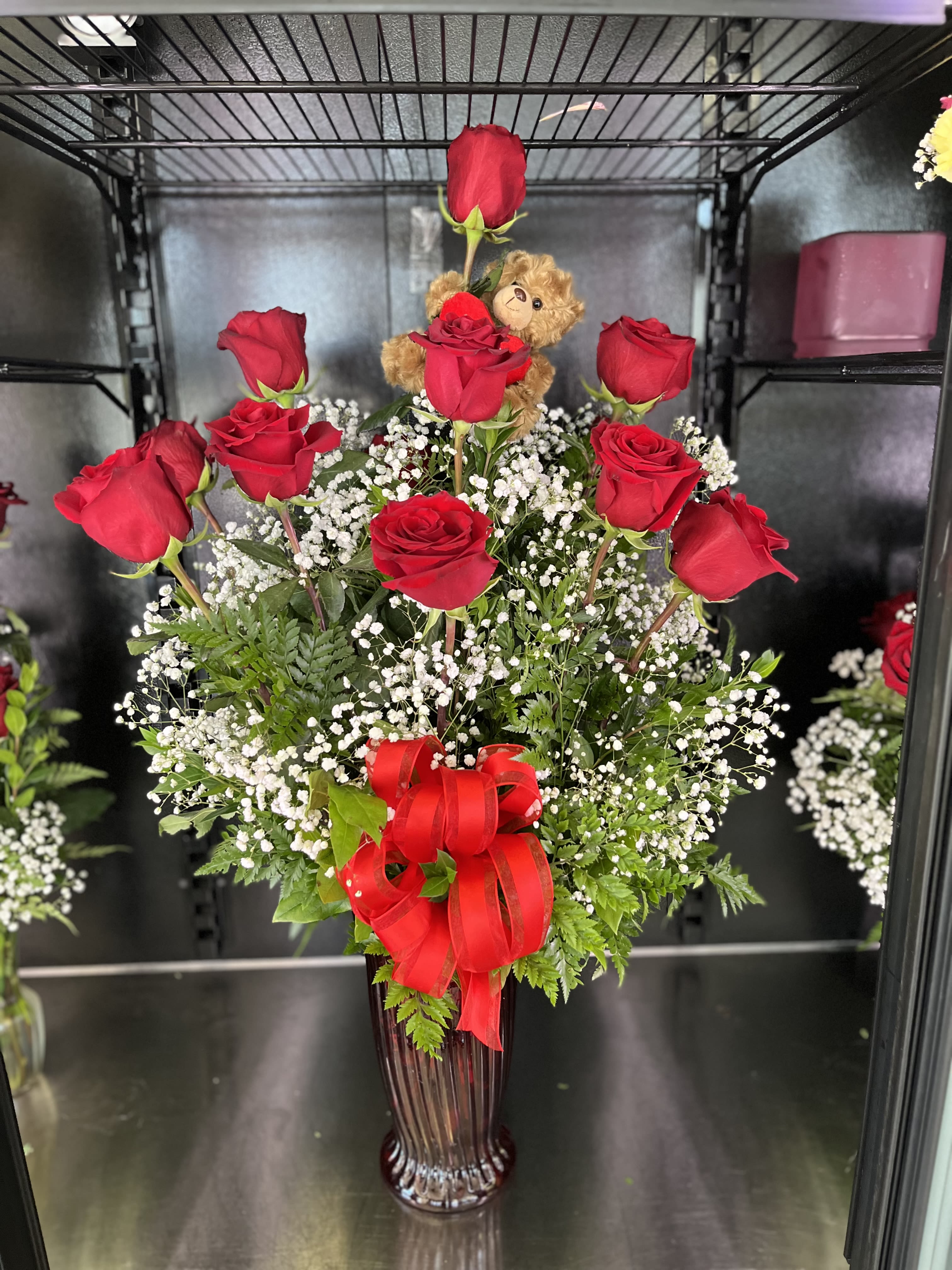 Love You Dozen  - dozen red roses in red vase with i love you  bear 