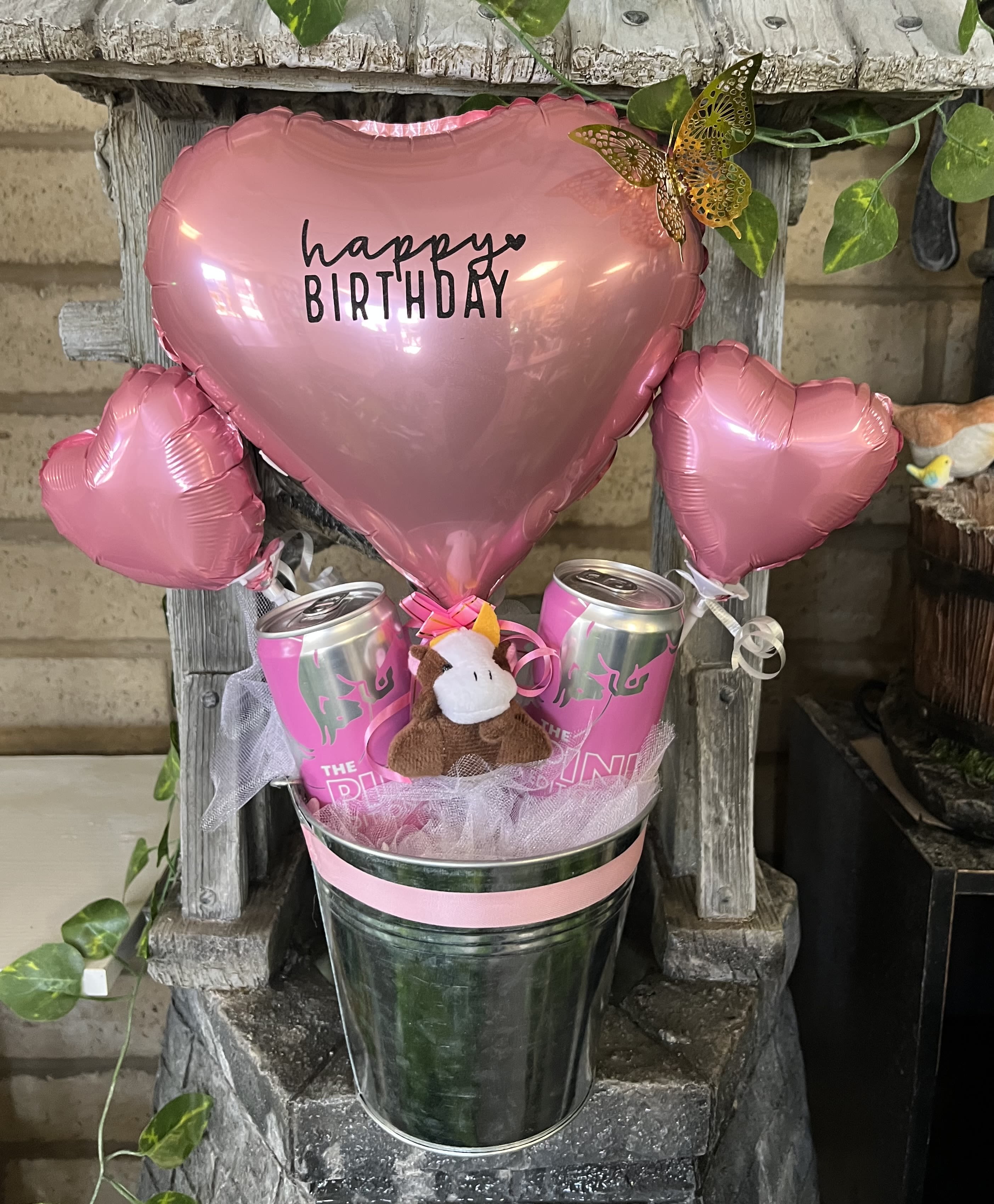 HBD Red Bull Basket HBD Red Bull Basket - Two Pink Red Bull in bucket with small plush
