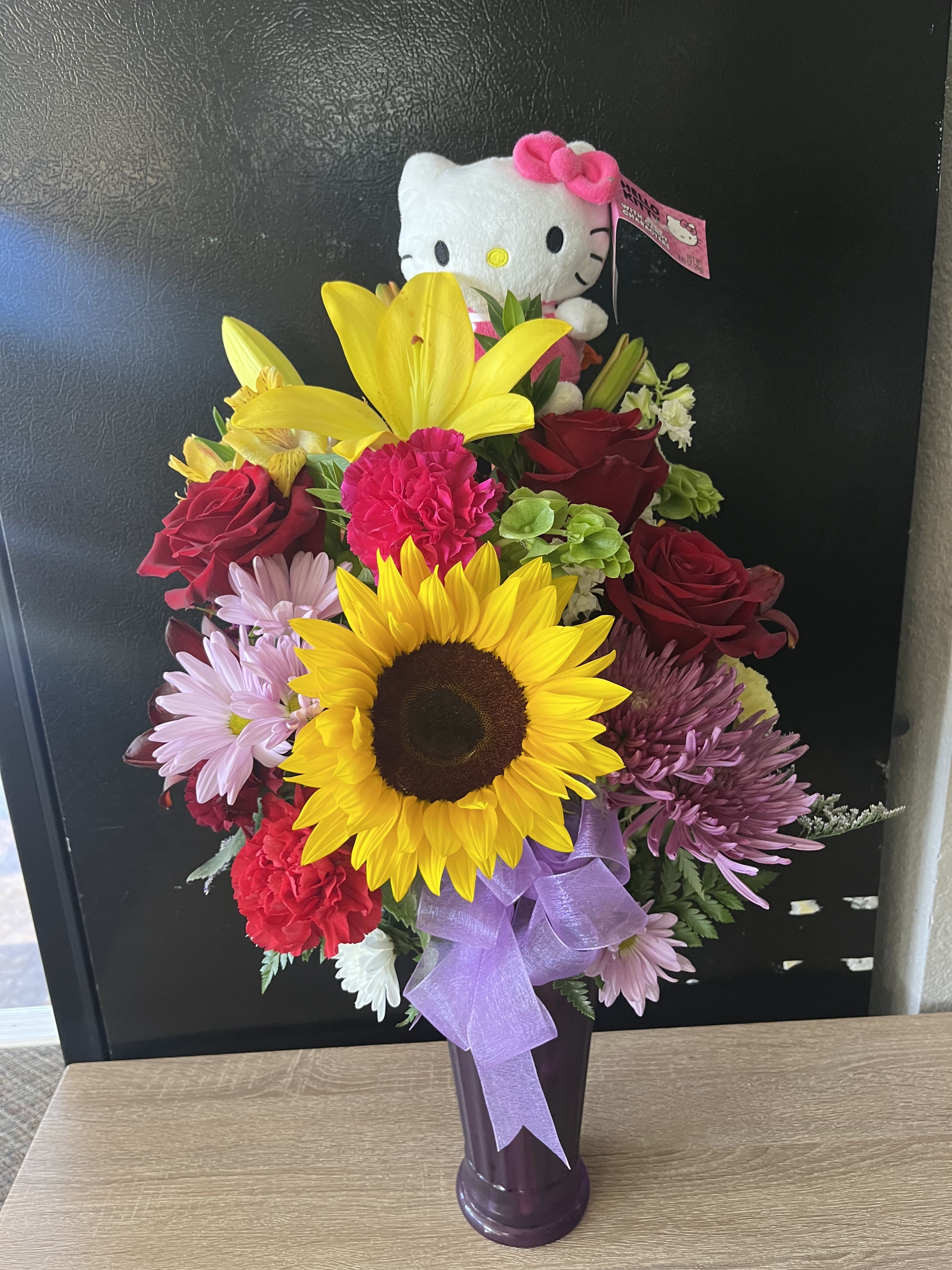 Floral Mix & Hello Kitty Plush Floral Mix & Hello Kitty Plush - fresh floral in large vase with Hello Kitty Plush