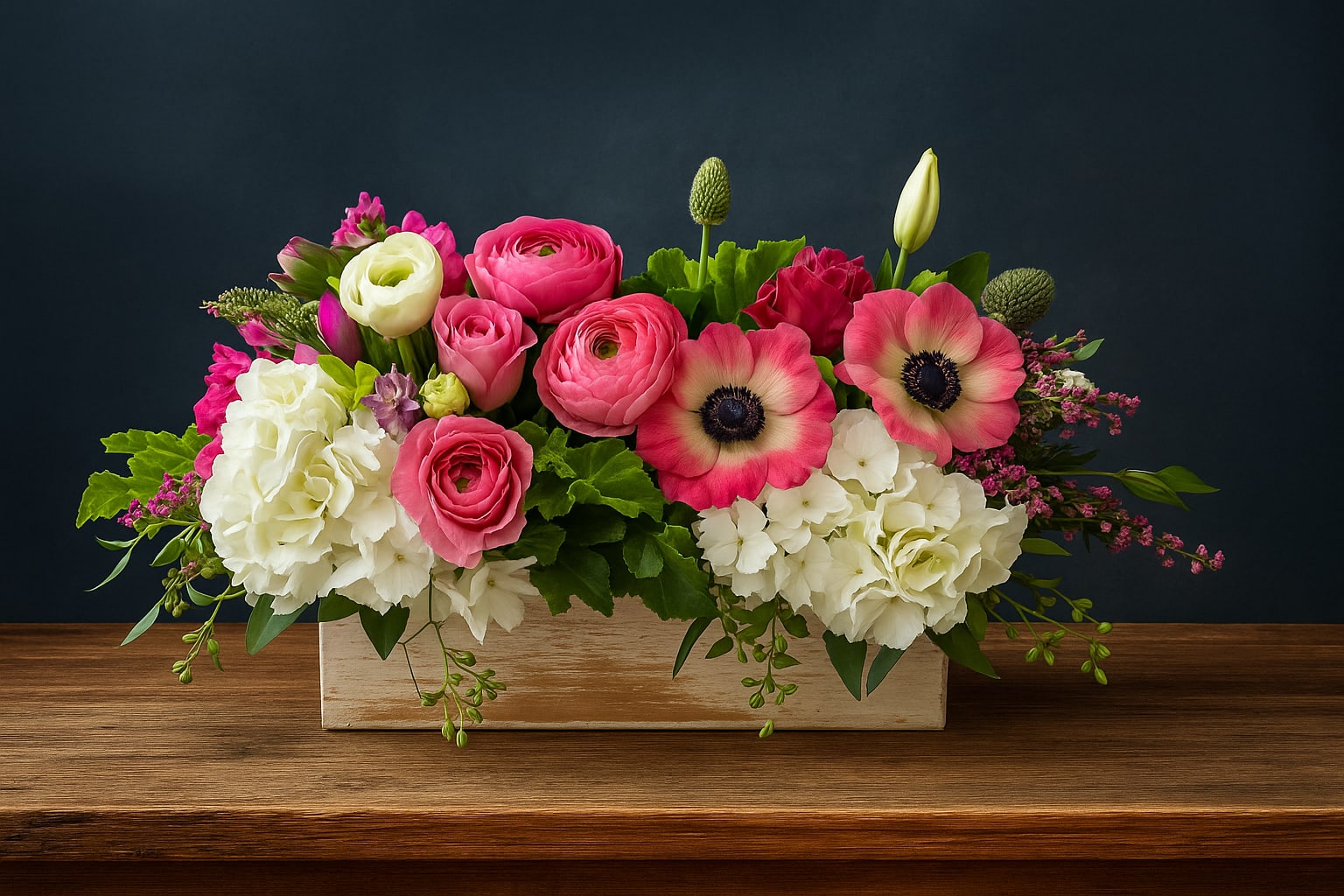 Always a Lady  - Always a Lady – Rustic Floral Elegance  Bring timeless sophistication into your space with Always a Lady, a stunning floral arrangement designed to impress. This rustic yet refined box is filled with lush white hydrangea, pink and white ranunculus, white tulips, pink anemones, and delicate pink roses—a perfect balance of charm and elegance.  Ideal for home décor, family gatherings, or entertaining guests, this handcrafted bouquet adds warmth and beauty to any setting. Whether you’re looking for the perfect gift for her, a thoughtful way to say thank you, or simply a way to brighten your home, Always a Lady is a showstopping choice.  Celebrate life’s moments with a floral design that is as tasteful, graceful, and unforgettable as its name.