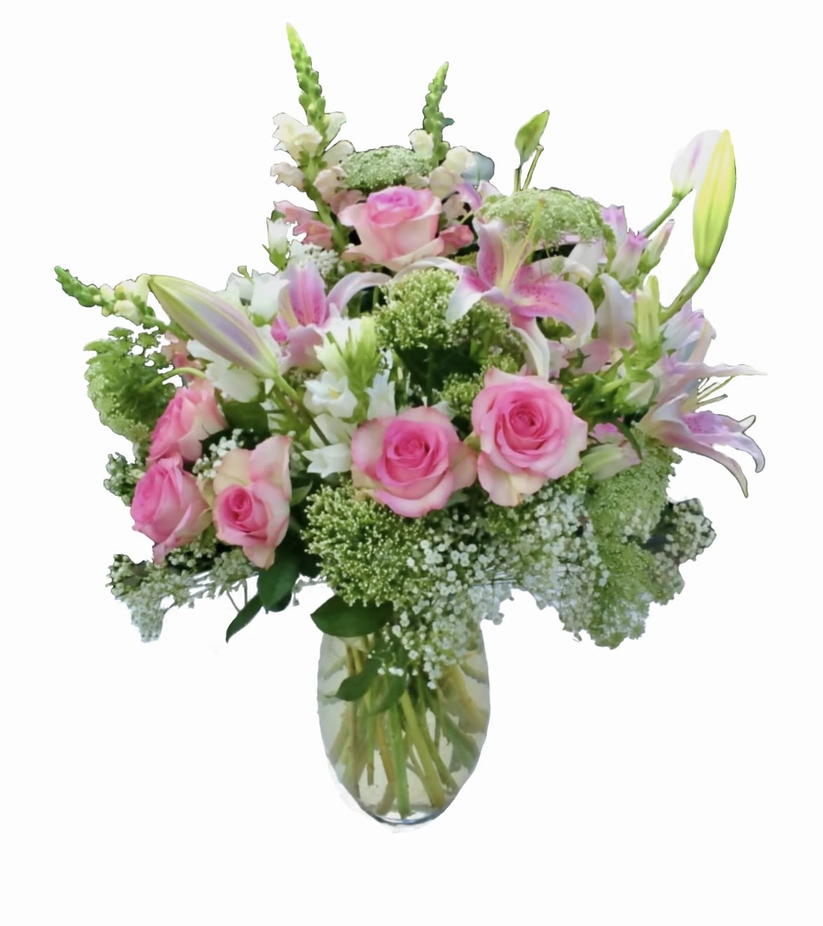 Floral Fantasy Floral Fantasy - Soft, Romantic Arrangement designed with Pink Stargazer Lilies, Pink Roses, White stock, Pink Stock and Pink Caspia. VDC003