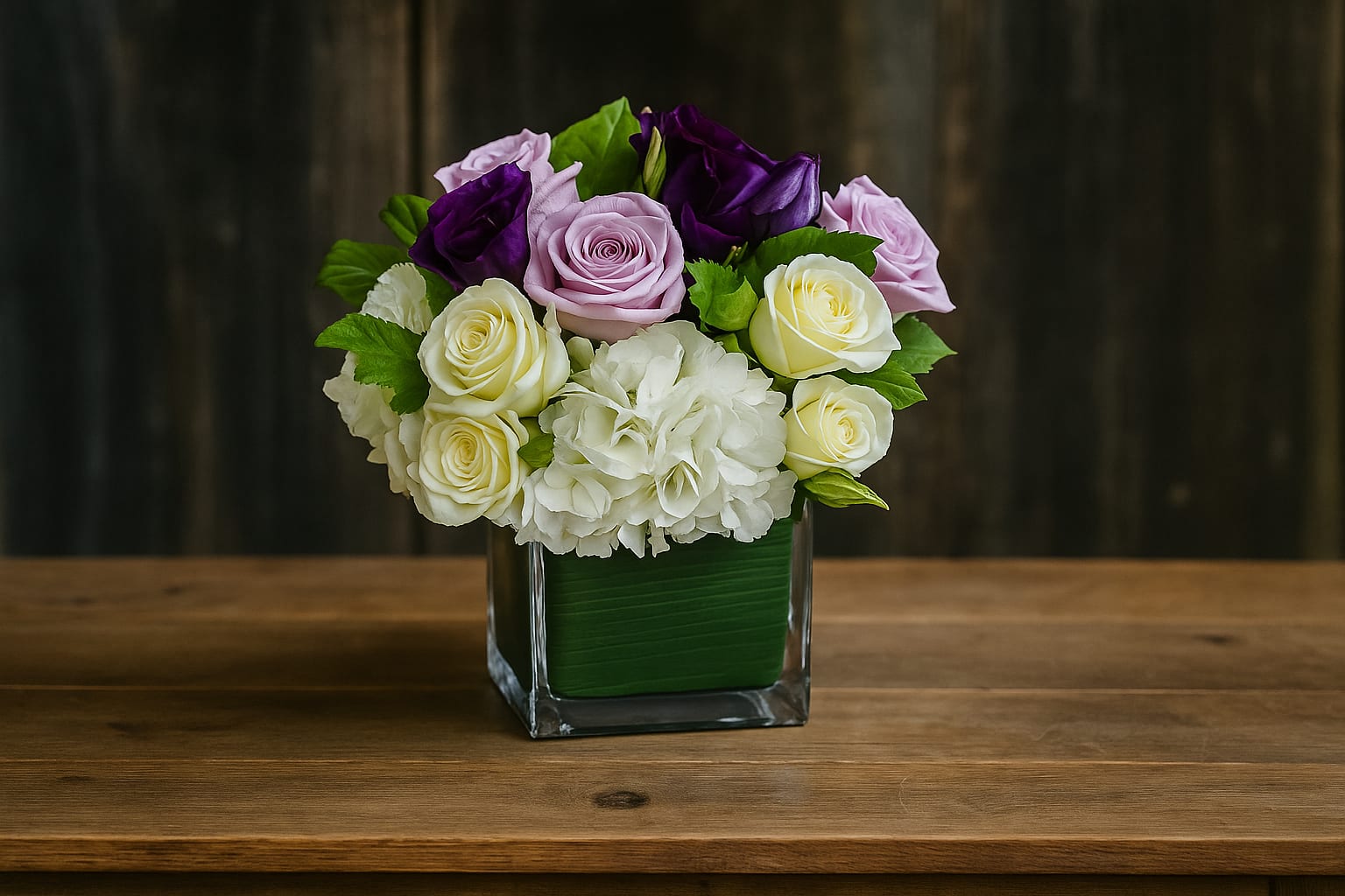 LavenderCharm -  Lavender Charm is a breathtaking floral arrangement that blends soft romance with timeless elegance. Featuring lush lavender roses, deep violet blooms, creamy white roses, and fluffy white hydrangeas, this bouquet is artfully arranged in a modern glass vase. Perfect for birthdays, anniversaries, or simply brightening someone’s day, Lavender Charm brings a touch of rustic sophistication to any space. Whether you’re shopping for a thoughtful gift or fresh décor for your home, this stunning arrangement will captivate hearts and turn heads. Same-day delivery available for your convenience.    