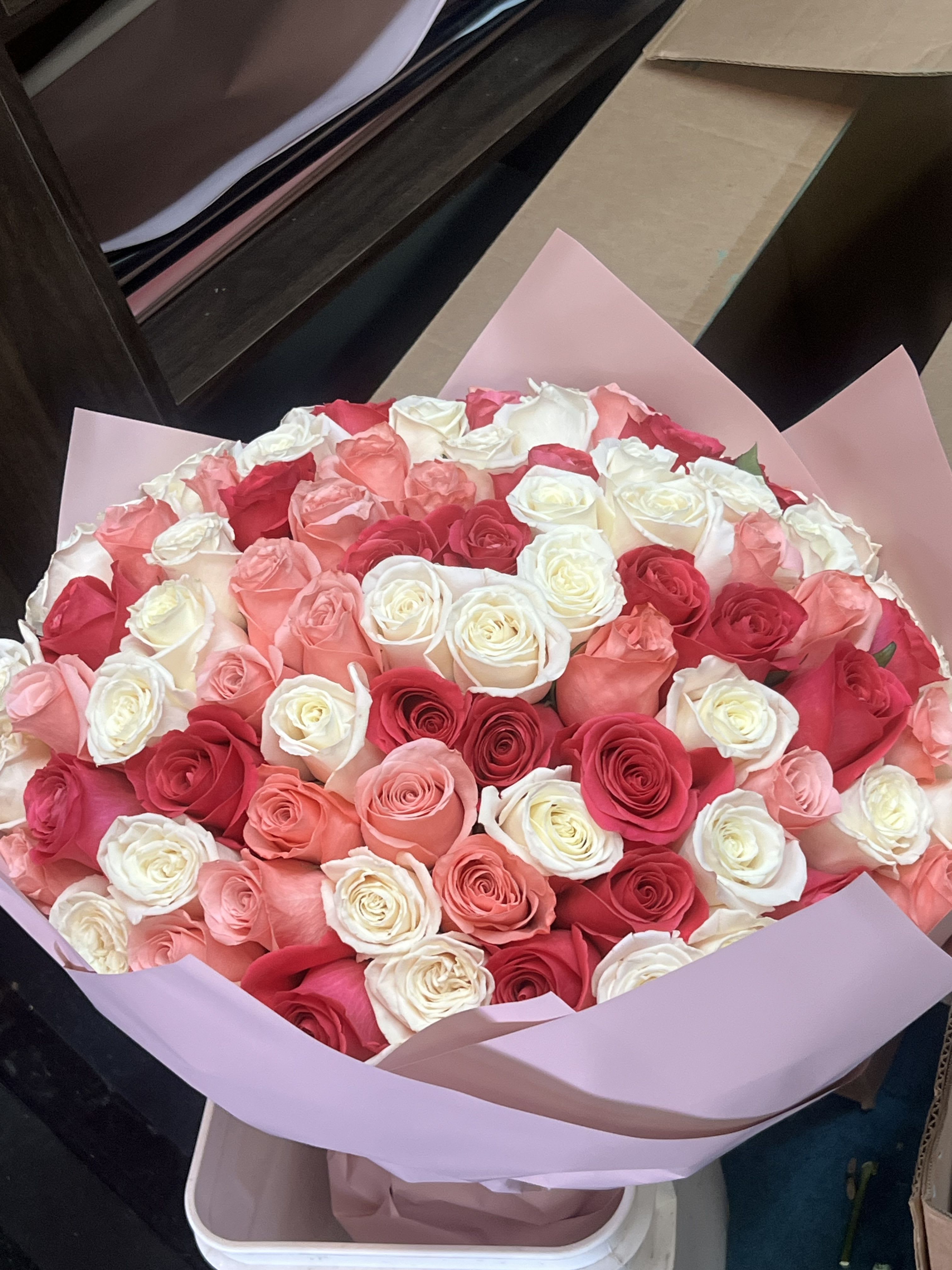 Pink pastel color rose bouquet - Gorgeous bouquet of 150 pink, hot pink and white roses in a fancy elegant wrap  As shown $725 Deluxe 200 roses premium 250 roses 