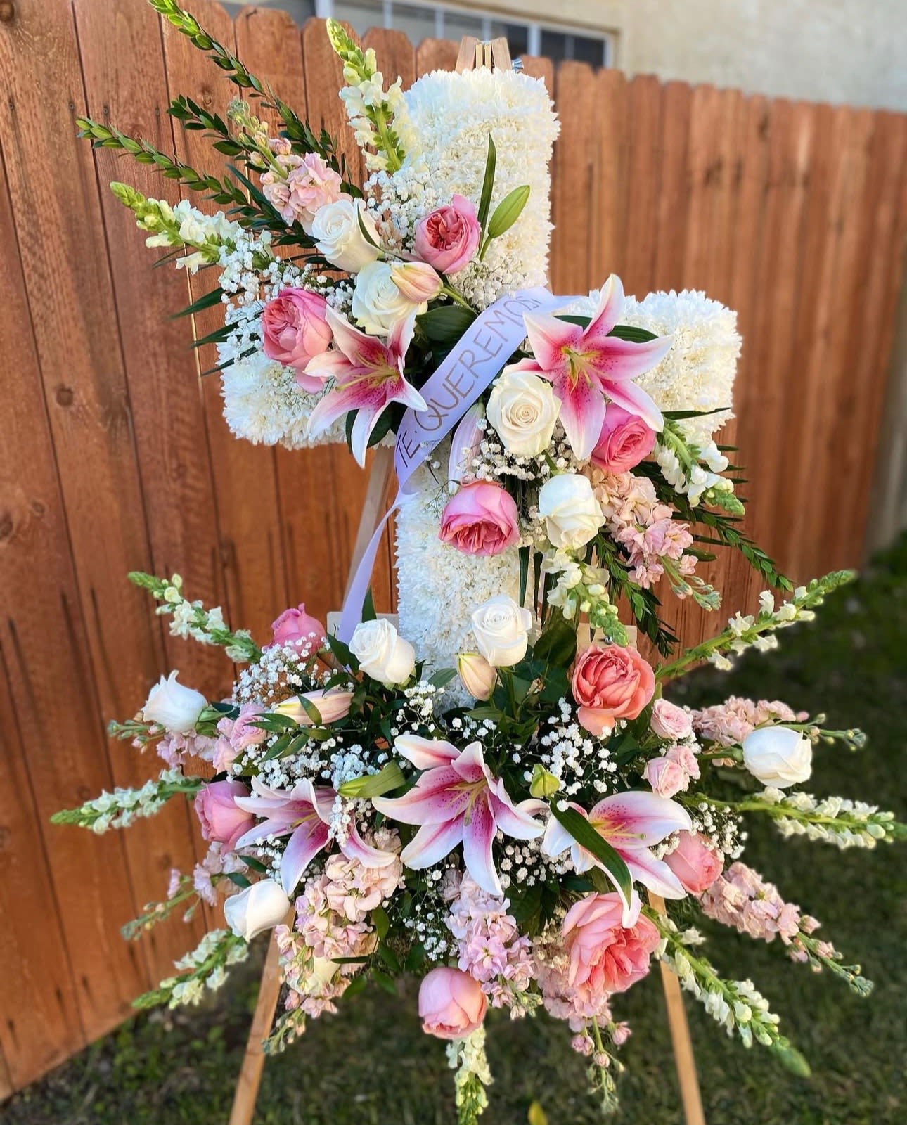 White XL Cross with pink double spray  - Beautiful tribute.