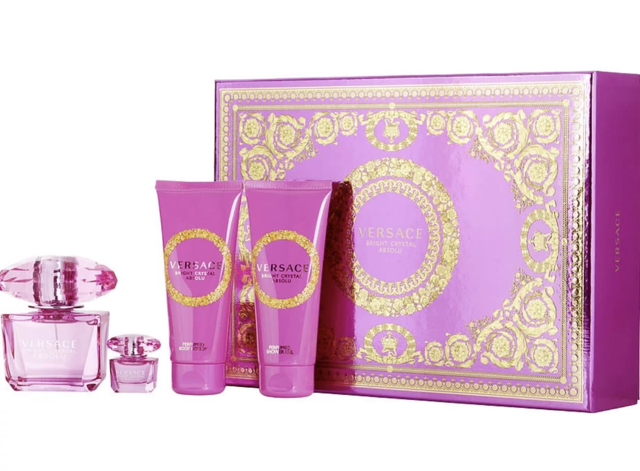 versace Bright Crystal Absolu versace Bright Crystal Absolu - GIFT SET INCLUDES: Eau de Parfum Spray, 3 oz. Perfumed Body Lotion, 3.4 oz. Perfumed Shower Gel, 3.4 oz. Travel 0.3 oz. KEY NOTES: Top Notes: Yuzu, Pomegranate, Iced Accord Middle Notes: Raspberry, Lotus Flower, Peony, Magnolia Bottom Notes: Mahogany, Vegetable Amber, Musk