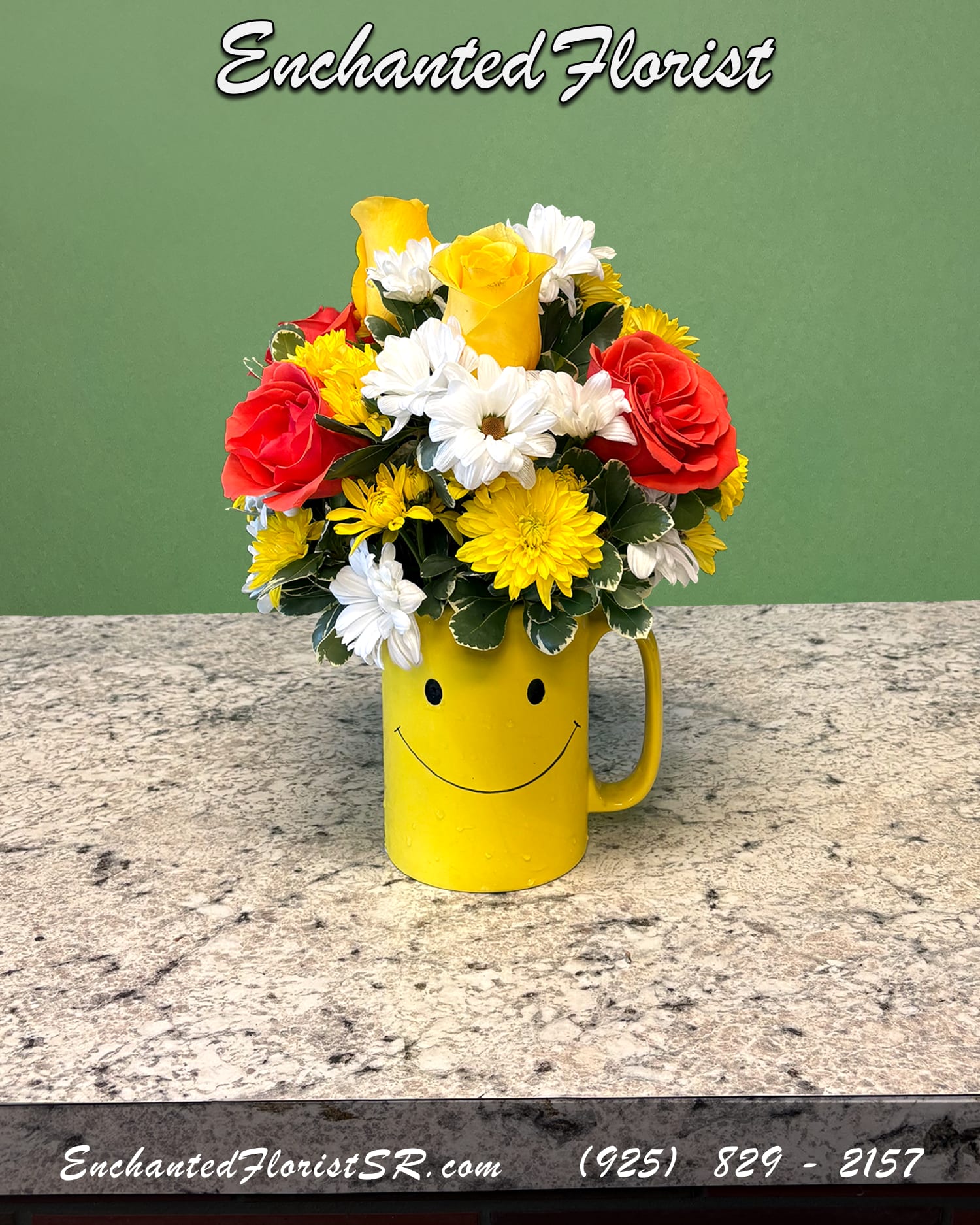 Happiness (Keepsake Mug) - Mixed Arrangement - A cheerful arrangement designed to brighten any day, featuring vibrant orange roses, sunny yellow cushion mums, and classic white daisy poms. Accented with fresh oregonia and presented in a keepsake yellow ceramic happy face mug — perfect for sipping after the flowers fade.  Perfect for celebrating milestones, sending get-well wishes, or simply sharing a smile. Also great for kids!  Arrives In: Yellow ceramic happy face keepsake mug  Orientation: All-Sided  Approximate Dimensions: 10&quot; Tall 8&quot; Wide 4&quot; Mug Diameter