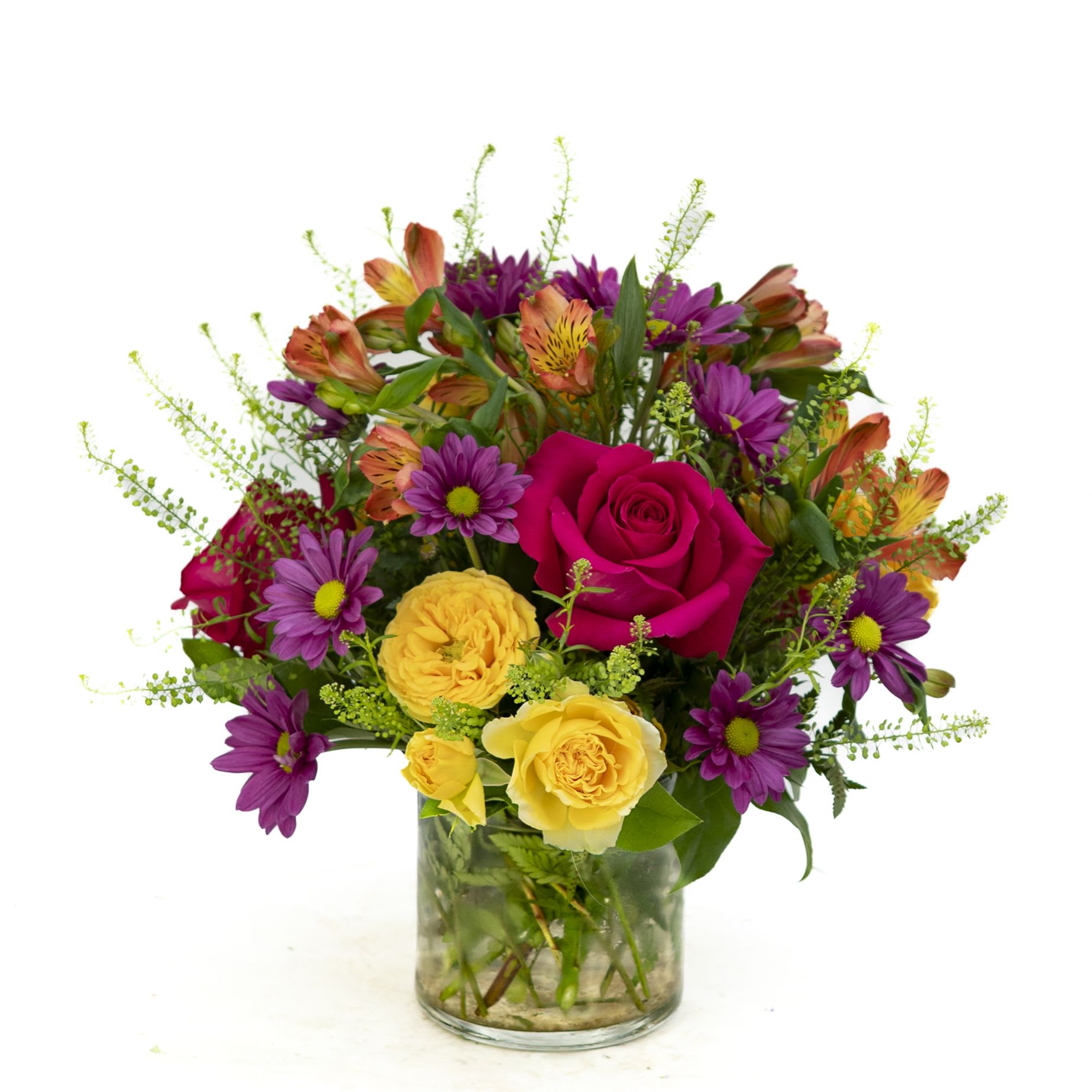 Summer Vibes - Five inch glass cylinder filled with the vibrant colors of summer. Roses, Spray Roses, Alstroemeria, Daisies  and Thelespia.