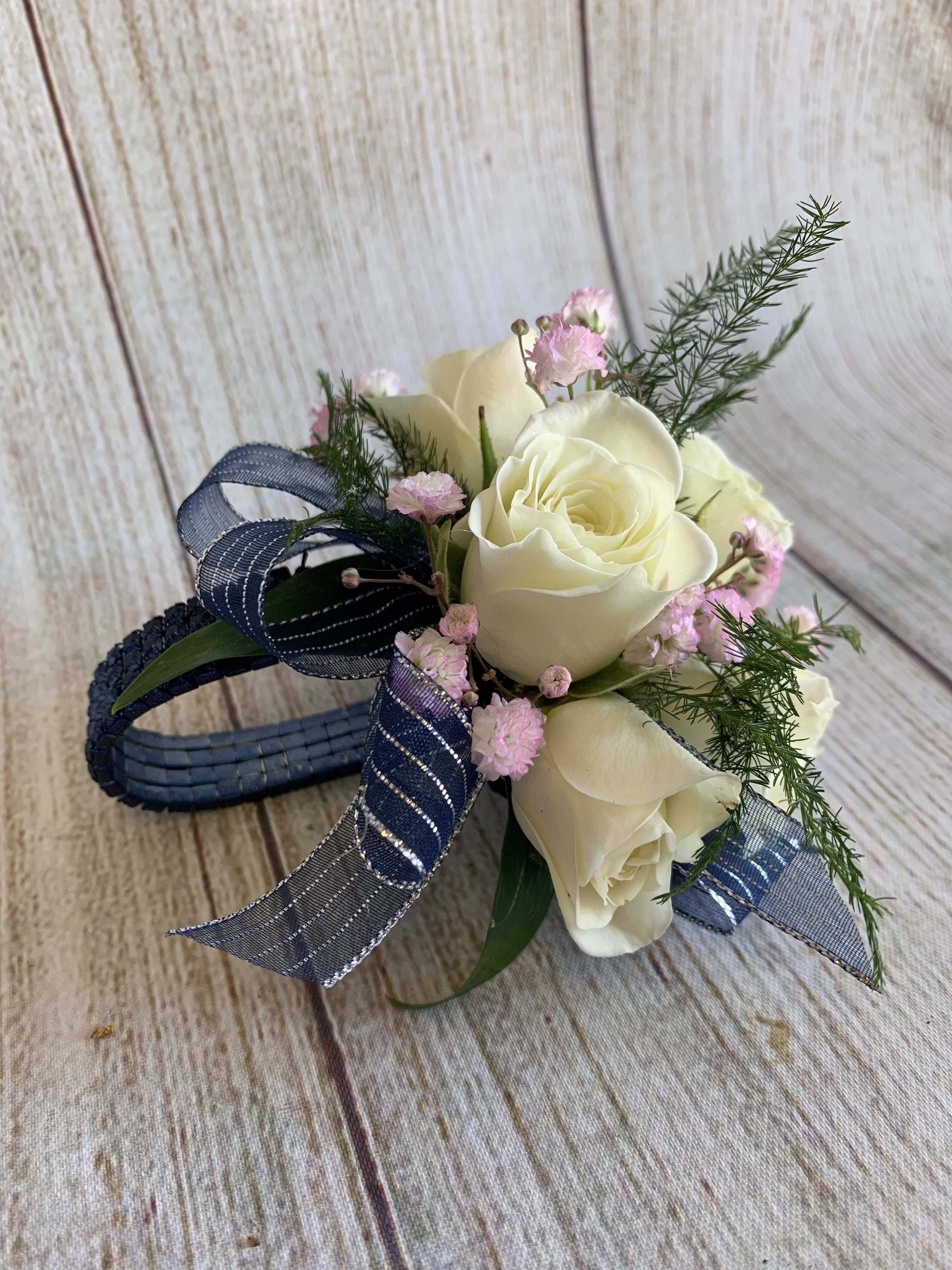 Premium Corsage on rhinestone bracelet Premium Corsage on rhinestone bracelet - **Specify color of roses, color of ribbon, or neutral will be used**